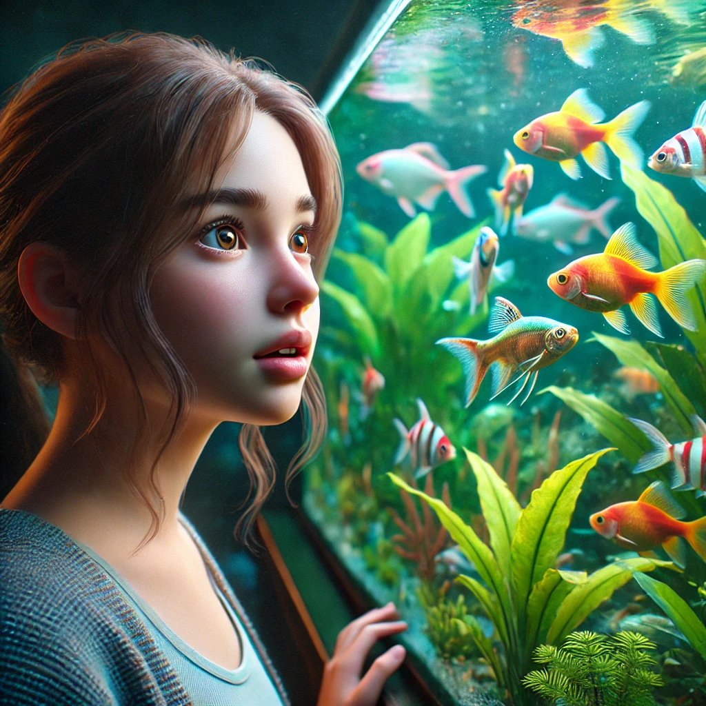 woman looking at fish tank aquarium