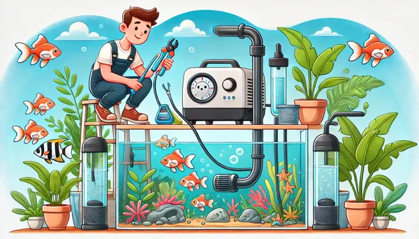 cartoon man sitting above fish tank setting up an air pump