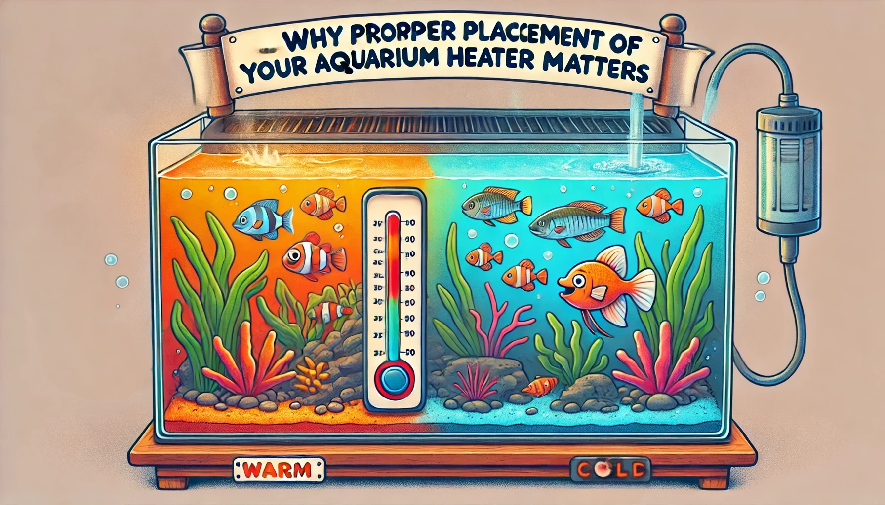 Cartoon fish tank depicting both hot and cold water areas resulting from aquarium heater placement