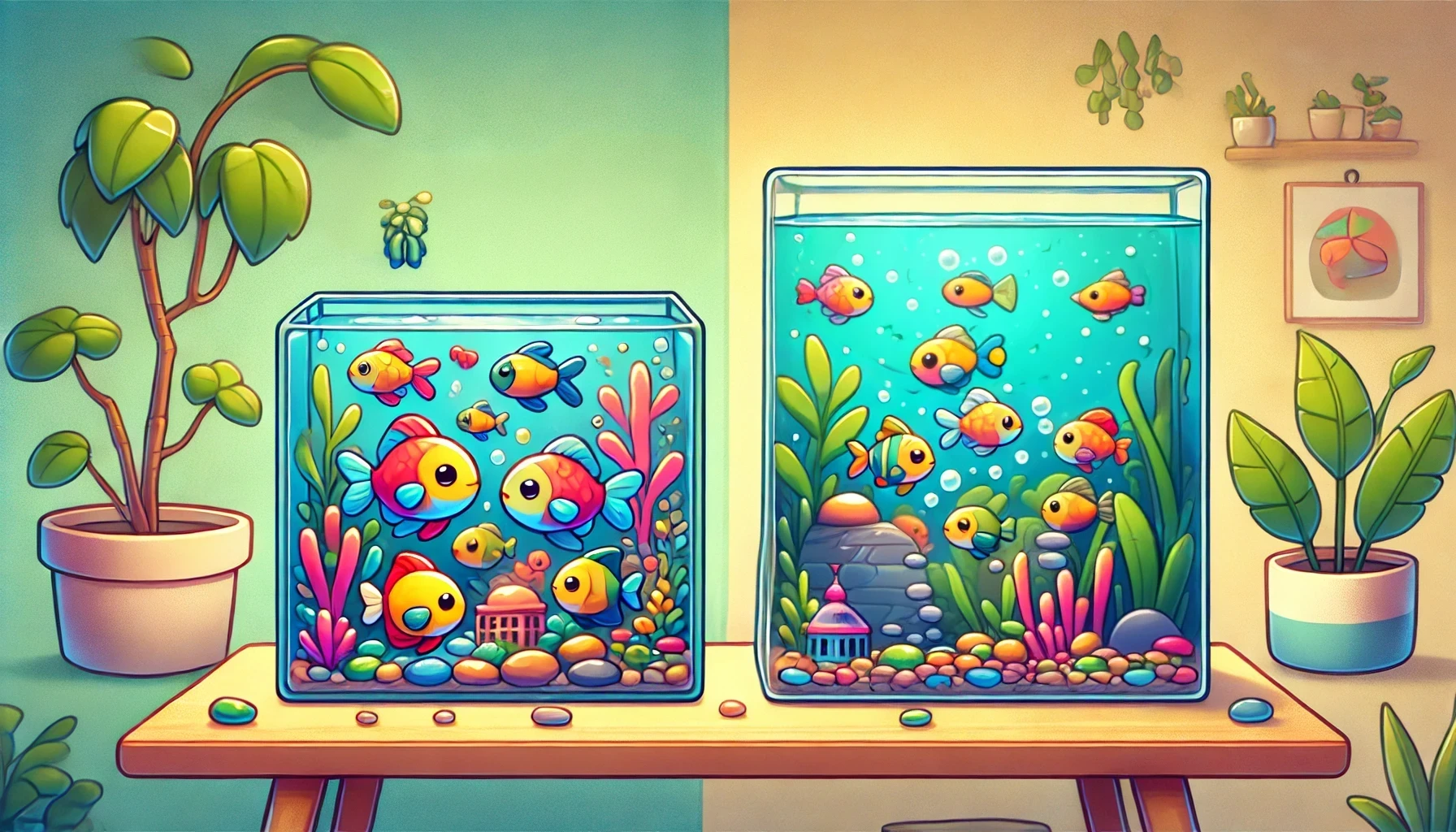 Two cartoon fish tanks. A small aquarium full of fish, with a high bioload. A large tank with less fish in it, a low bioload.