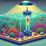 Cartoon fish tank with a multicoloured heater in the middle