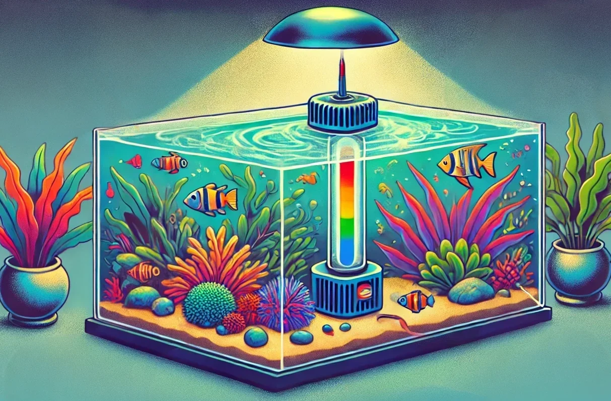 Cartoon fish tank with a multicoloured heater in the middle