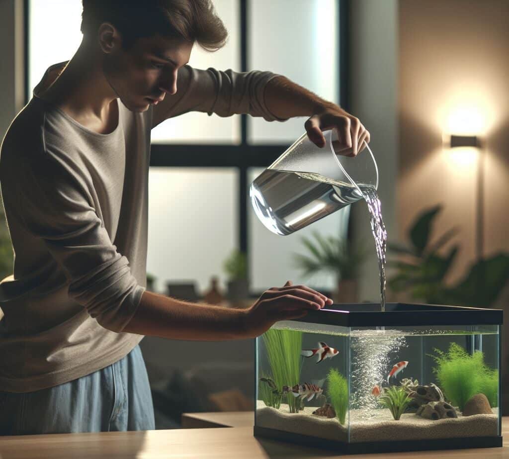 man pouring water into a fish tank