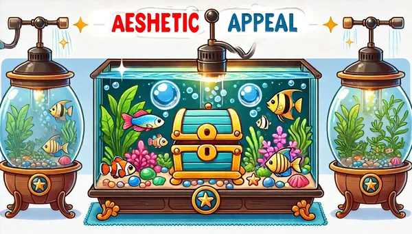 Fish in three colourful tanks with a treasure chest in the middle