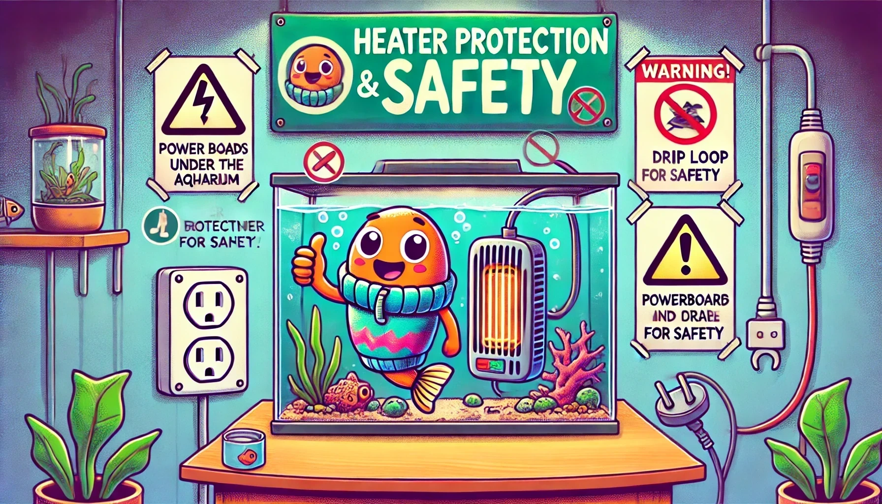 Cartoon image of fish tank with goldfish in a jumper, in front of a heater, with safety advice around the tank