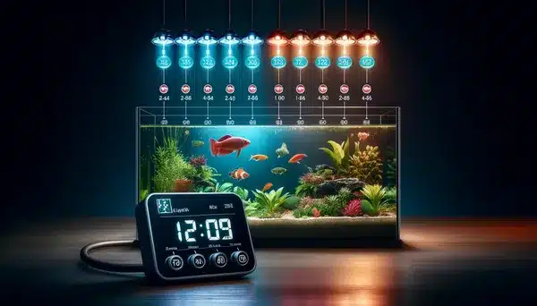 Optimal Aquarium Lighting Duration - fish tank with a timer and red and blue lights above it