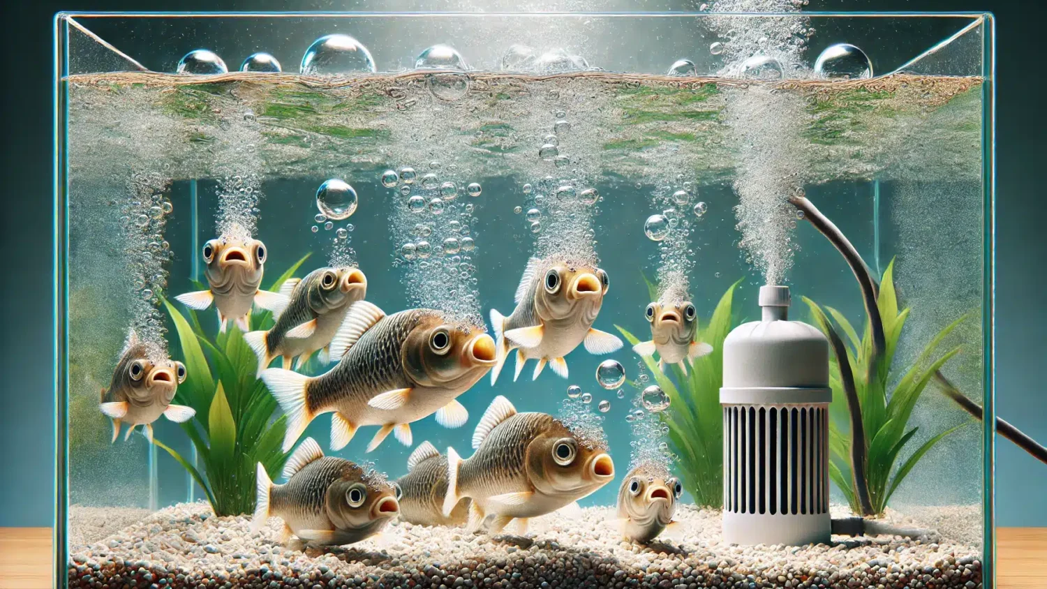 Fish in fish tank with bubbles coming out of their mouths, with an air stone in the tank, and representing low oxygen in fish tank