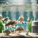 Fish in fish tank with bubbles coming out of their mouths, with an air stone in the tank, and representing low oxygen in fish tank