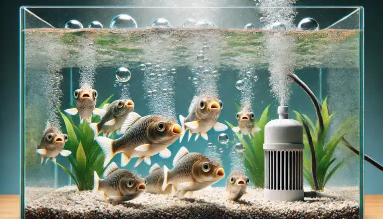 Fish in fish tank with bubbles coming out of their mouths, with an air stone in the tank, and representing low oxygen in fish tank