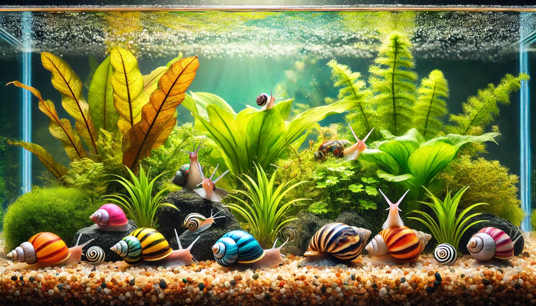 Colourful snails in a planted fish tank