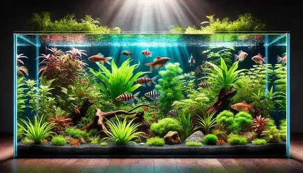 Why Aquarium Lighting Is Important - planted aquarium with fish and light rays coming from top