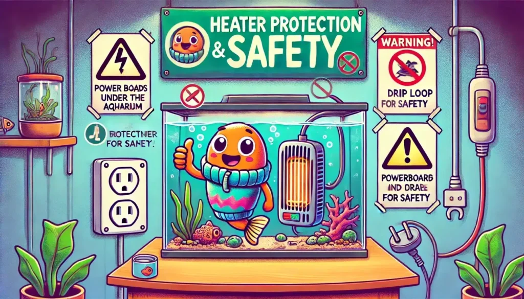 Cartoon image of fish tank with goldfish in a jumper, in front of a heater, with fish tank safety advice around the tank